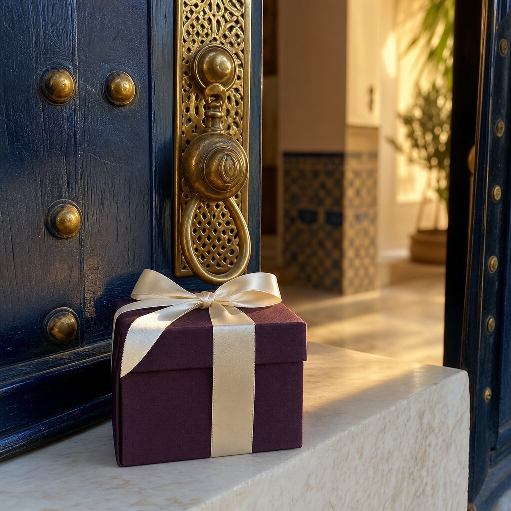 Colis cadeau prune devant une porte marocaine