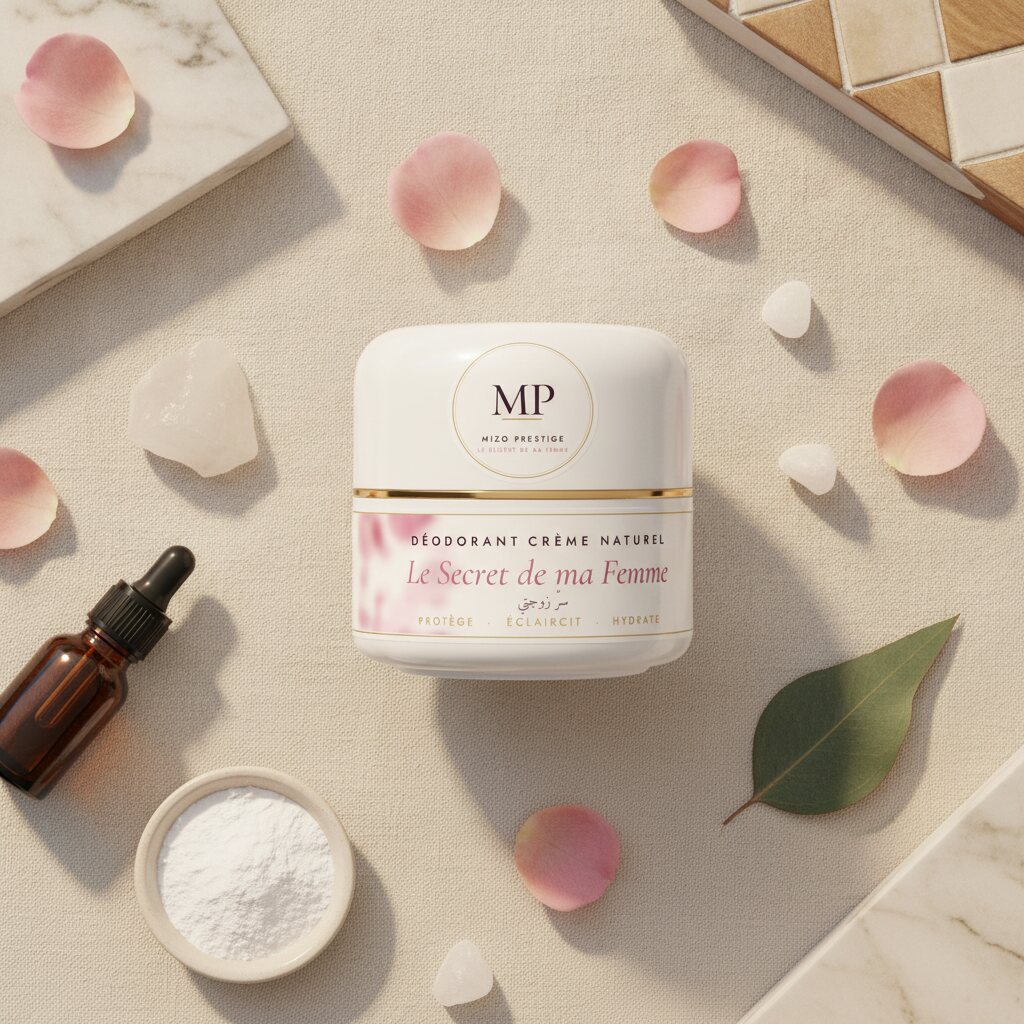 Les ingrédients du Secret de ma Femme disposés autour du pot : pétales de rose, pierre d'alun, talc, musc blanc
