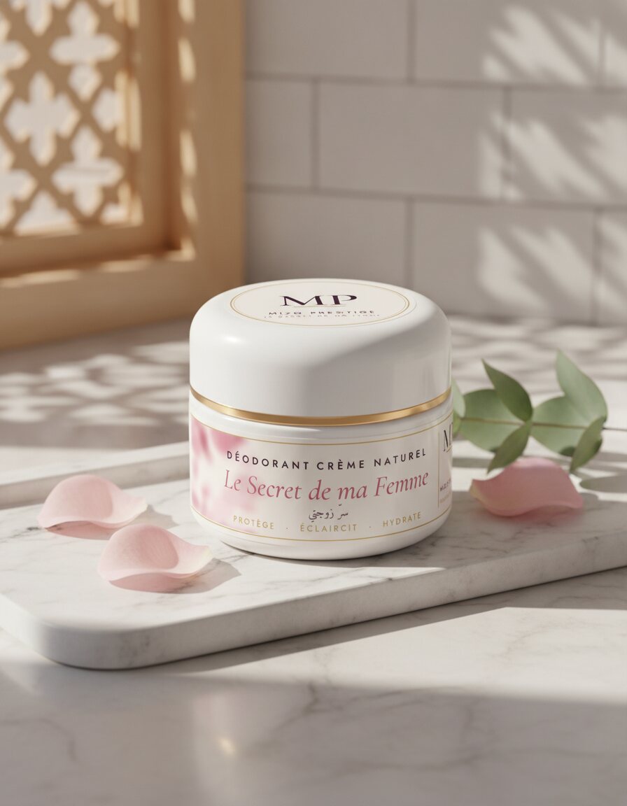 Le pot Le Secret de ma Femme posé sur du marbre, entouré de pétales de rose