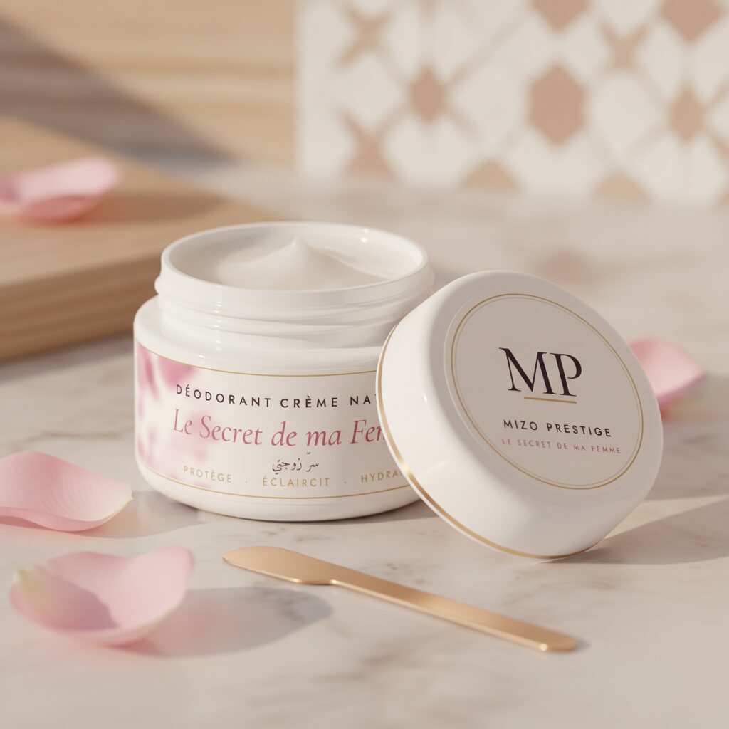 Le pot ouvert, texture de crème blanche onctueuse et spatule dorée