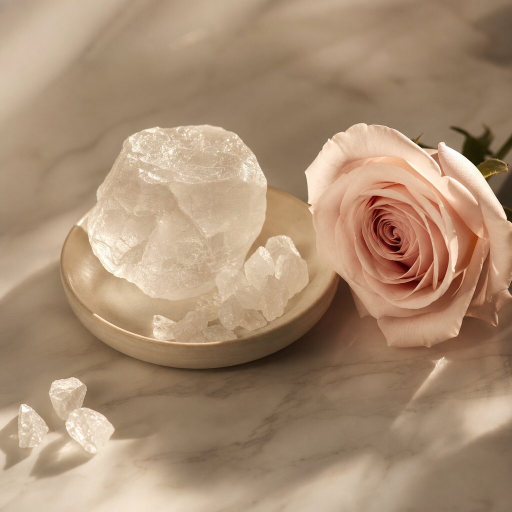 Pierre d'alun, cristaux de musc blanc et rose fraîche