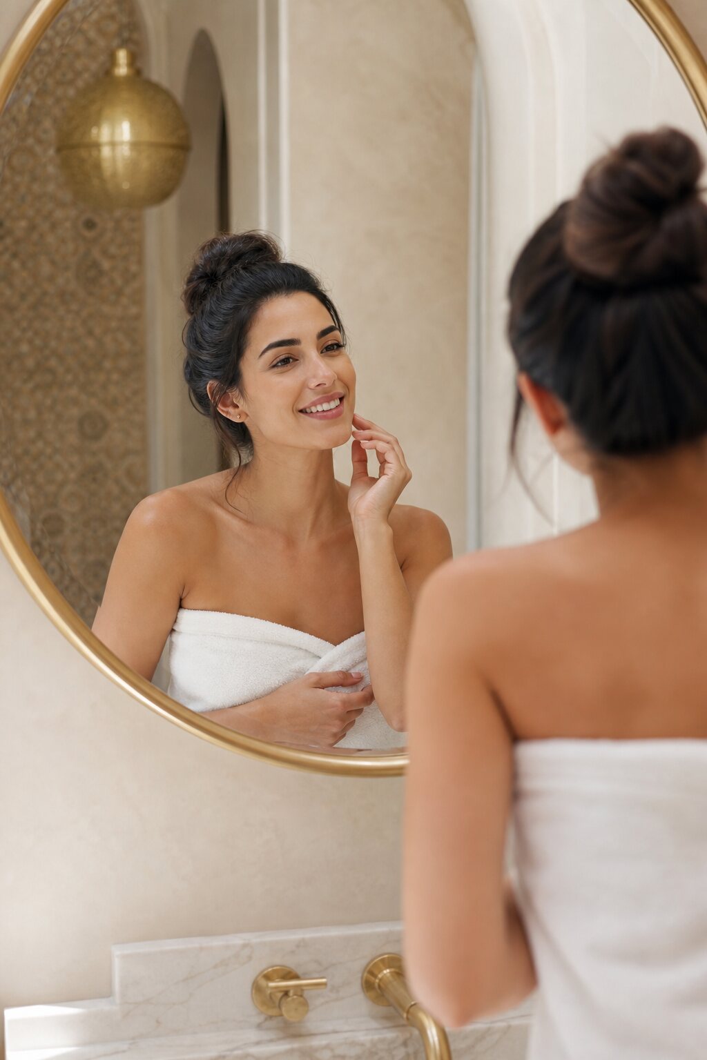 Femme souriante devant un miroir dans une salle de bain lumineuse